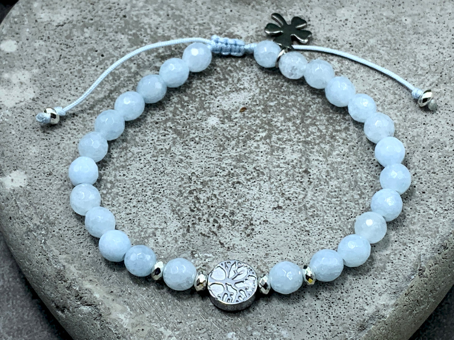 Armband Aquamarin facettiert Lebensbaum Hämatit Makramee - Wunschedelstein - Geburtsstein März - Handmade personalisierbar