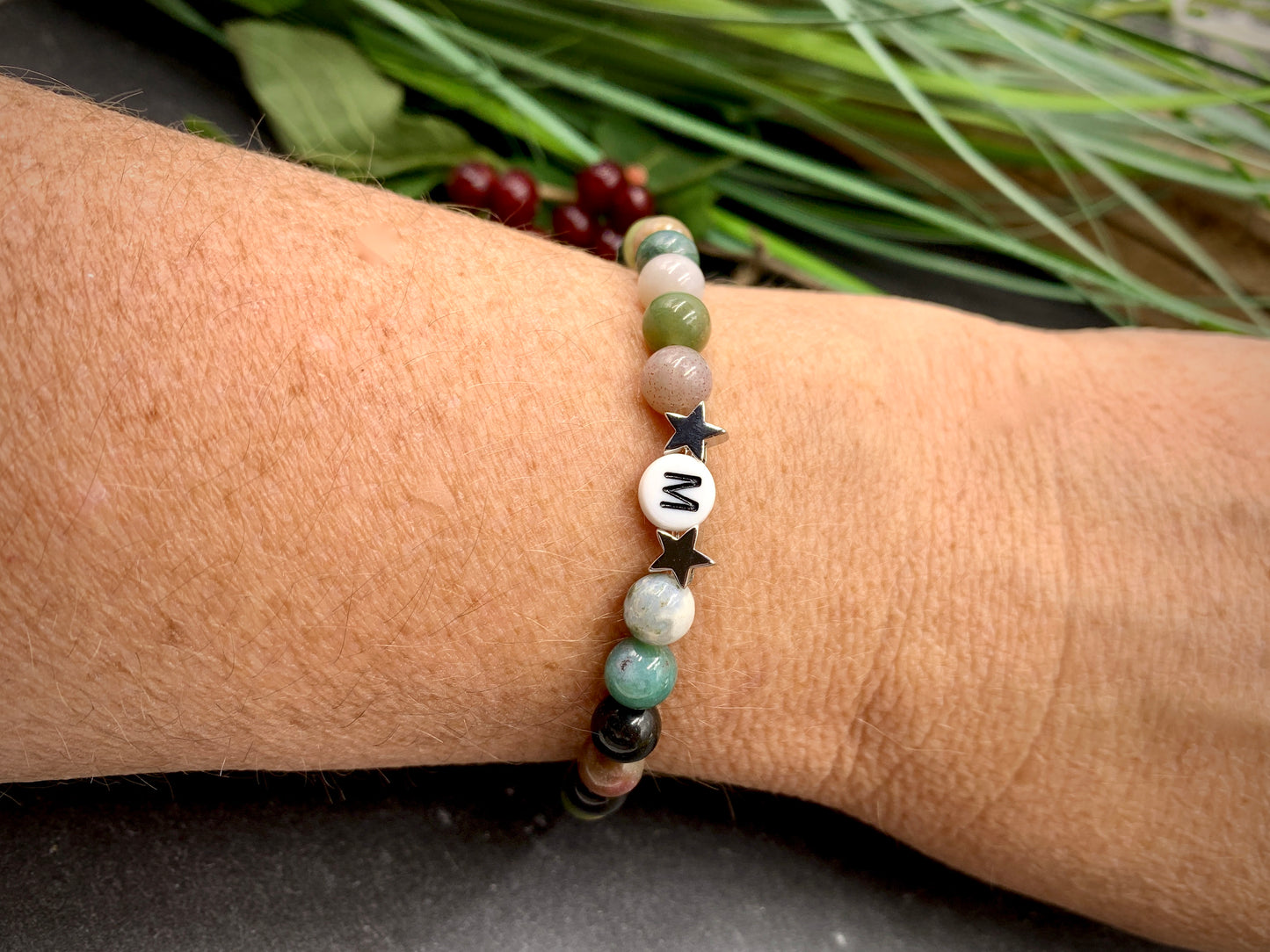 Armband Indischer Achat Initial Sterne echt platiniert, Buchstaben Armband nach Wunsch, Geschenk Name