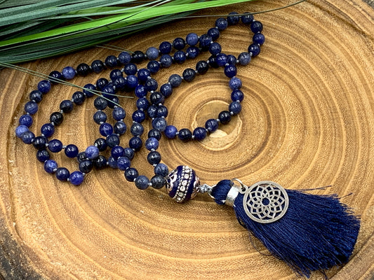 Malakette Sodalith handgeknotet - Meditationskette 108 Perlen Halskette - Gebetskette Yoga - Handmade personalisierbar