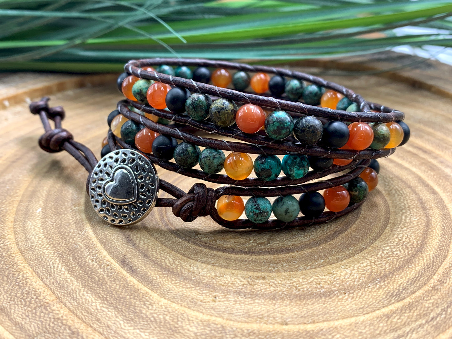 Vintage Armband gewickelt Perlenmix Afrikanischer Türkis Roter Aventurin Achat - Glücksarmband - Handmade