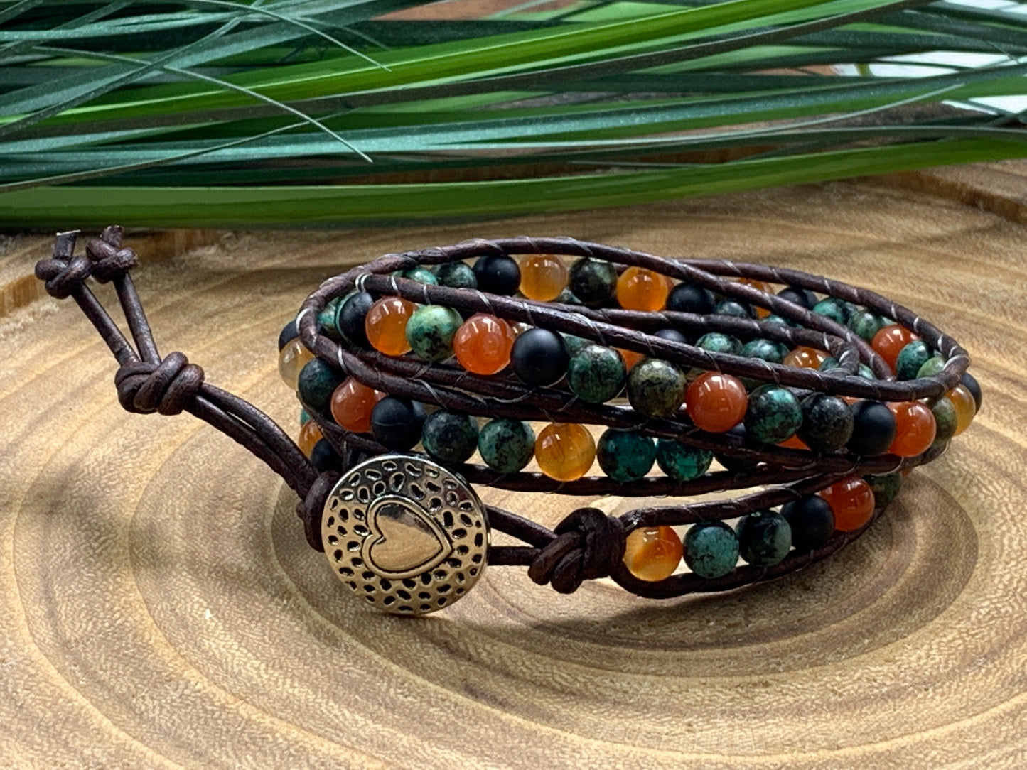 Vintage Armband gewickelt Perlenmix Afrikanischer Türkis Roter Aventurin Achat - Glücksarmband - Handmade