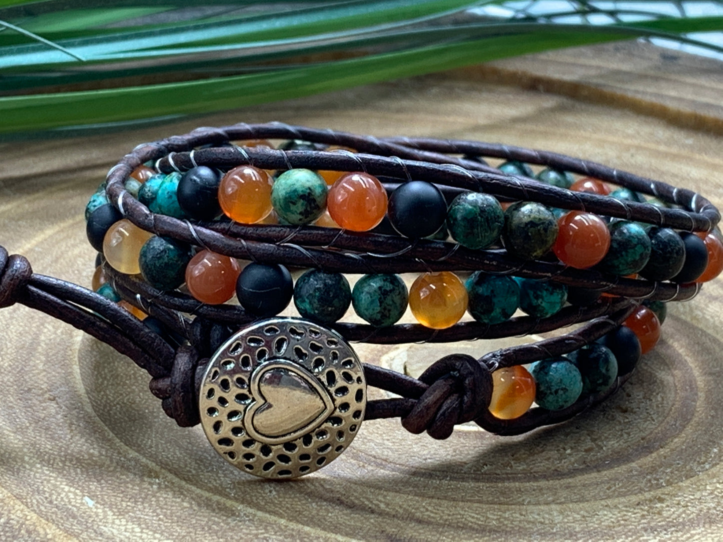 Vintage Armband gewickelt Perlenmix Afrikanischer Türkis Roter Aventurin Achat - Glücksarmband - Handmade