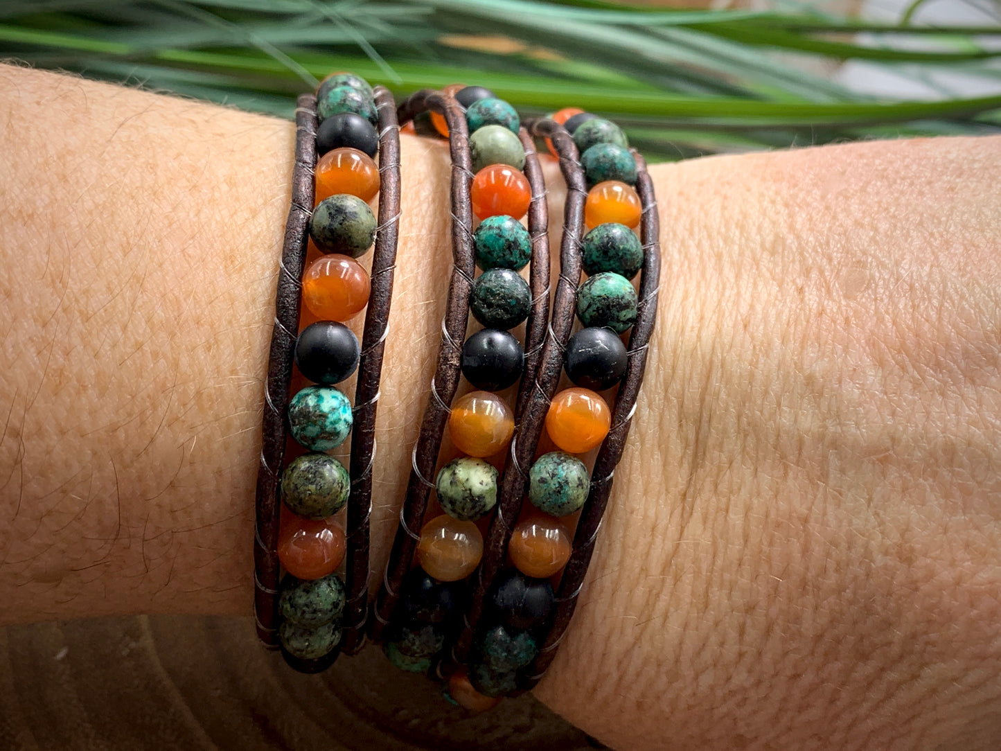 Vintage Armband gewickelt Perlenmix Afrikanischer Türkis Roter Aventurin Achat - Glücksarmband - Handmade