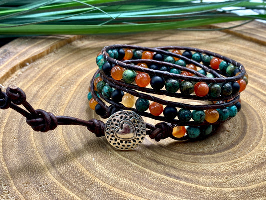 Vintage Armband gewickelt Perlenmix Afrikanischer Türkis Roter Aventurin Achat - Glücksarmband - Handmade