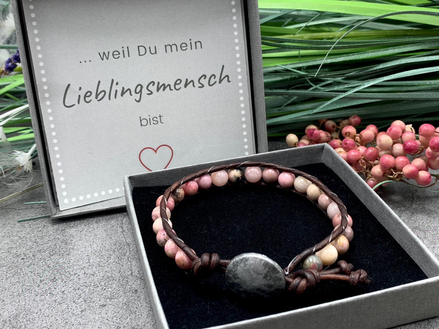 Bohoarmband Rhodonit, Armband gewickelt Vintage Stil, Wunschedelsteine
