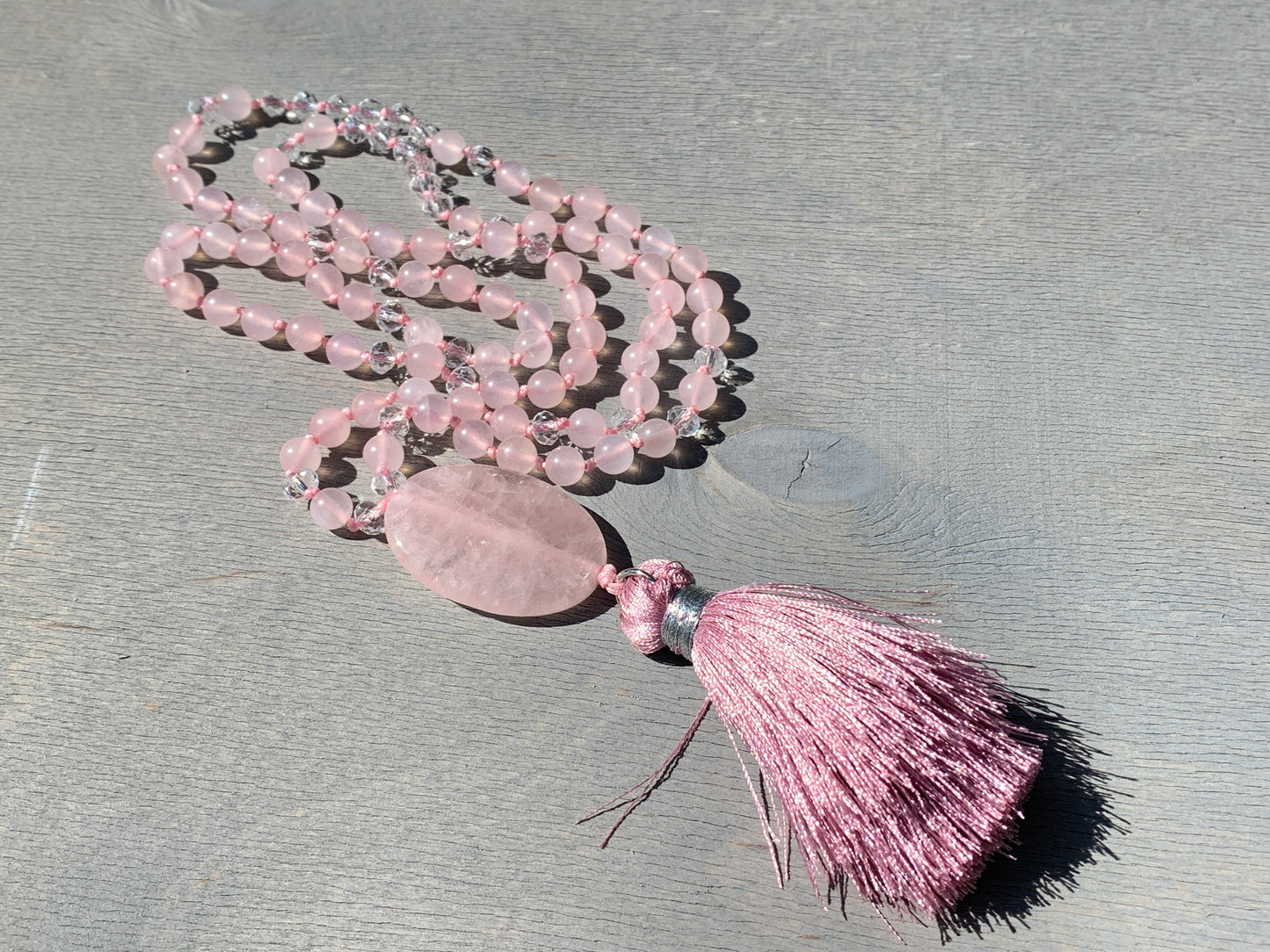 Malakette Rosenquarz handgeknotet - Meditationskette 108 Perlen Halskette - Gebetskette Yoga - Handmade personalisierbar