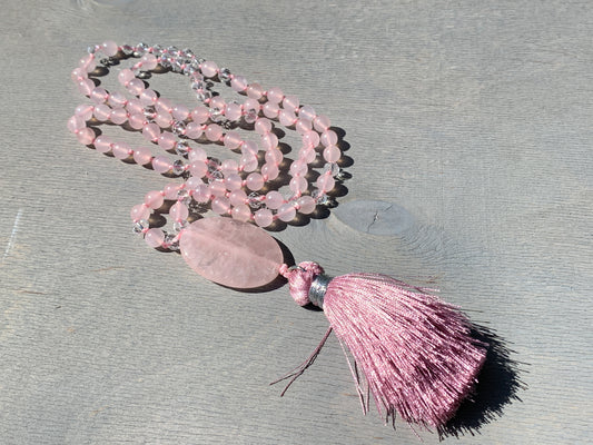 Malakette Rosenquarz handgeknotet - Meditationskette 108 Perlen Halskette - Gebetskette Yoga - Handmade personalisierbar