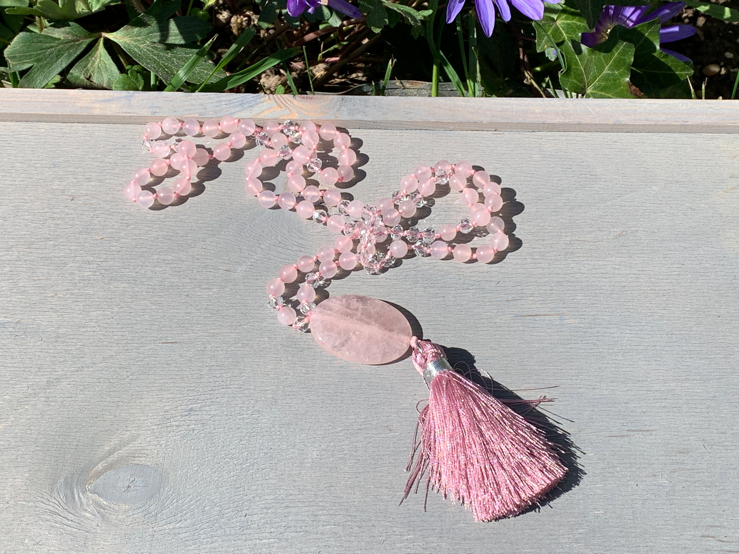 Malakette Rosenquarz handgeknotet - Meditationskette 108 Perlen Halskette - Gebetskette Yoga - Handmade personalisierbar