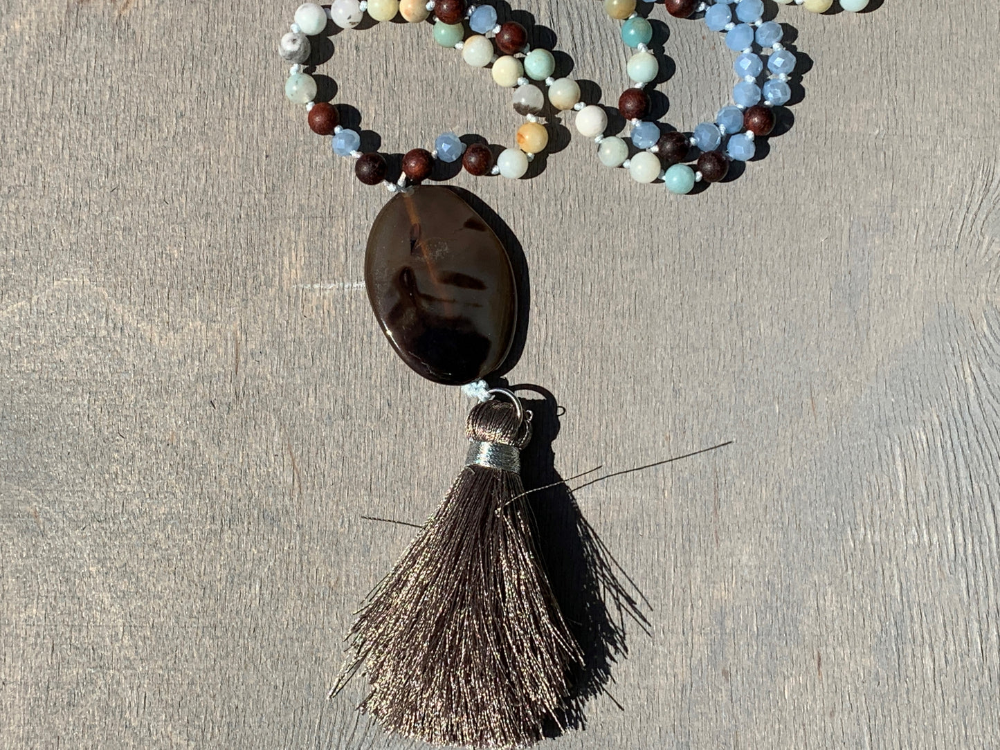 Malakette Amazonit und Balsaholz handgeknotet - Meditationskette 108 Perlen Halskette - Gebetskette Yoga - Handmade personalisierbar