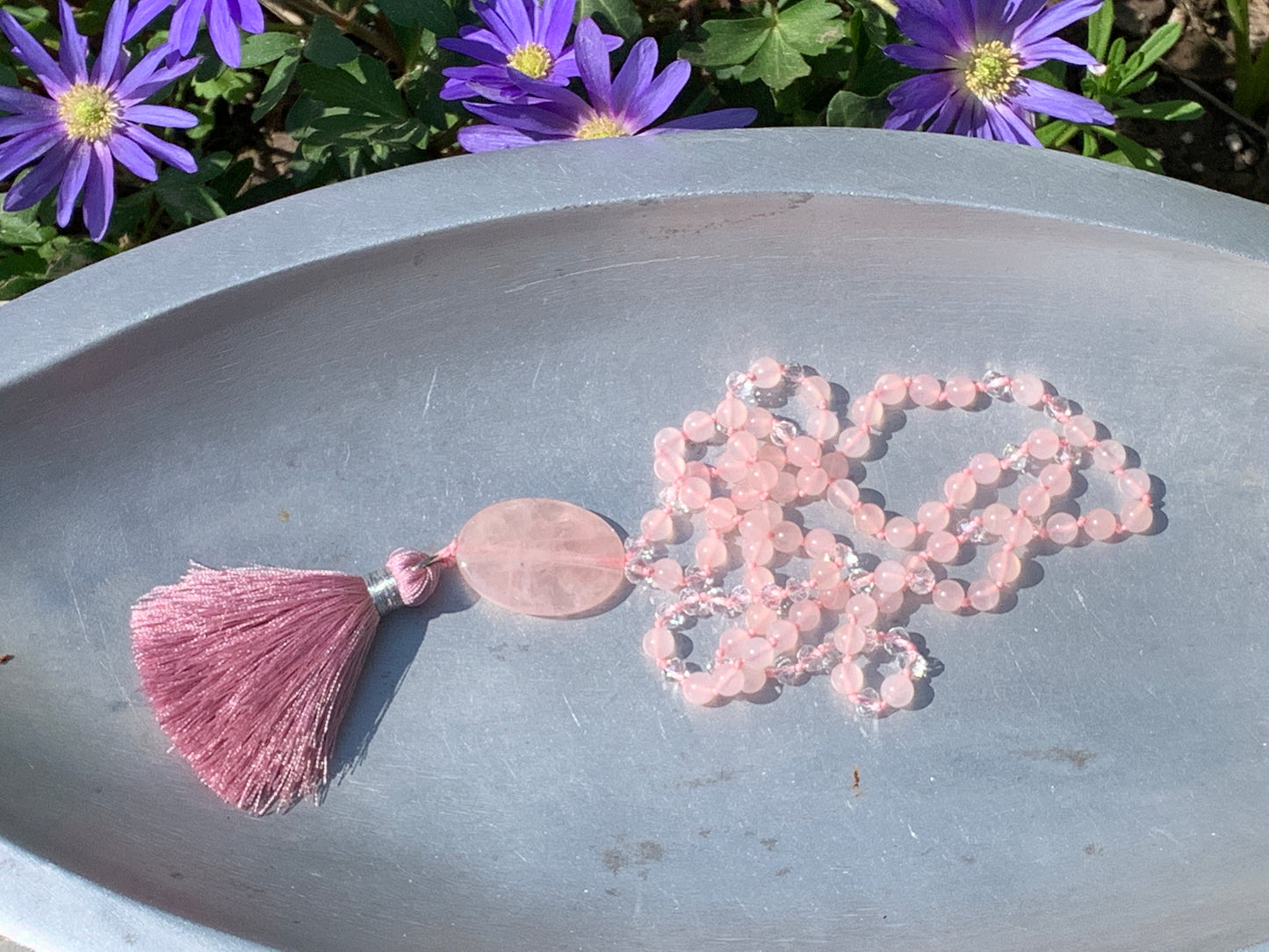 Malakette Rosenquarz handgeknotet - Meditationskette 108 Perlen Halskette - Gebetskette Yoga - Handmade personalisierbar
