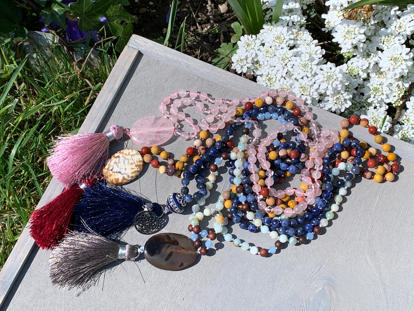 Malakette Rosenquarz handgeknotet - Meditationskette 108 Perlen Halskette - Gebetskette Yoga - Handmade personalisierbar