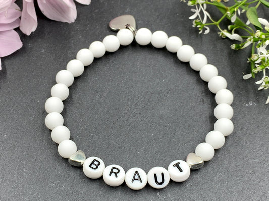Armband Braut weiß Acryl mit Herz - Geschenk Junggesellinnenabschied Trauzeugin Brautjungfer - Andenken heiraten JGA, Acryl - Erinnerungsschmuck- Handmade personalisierbar