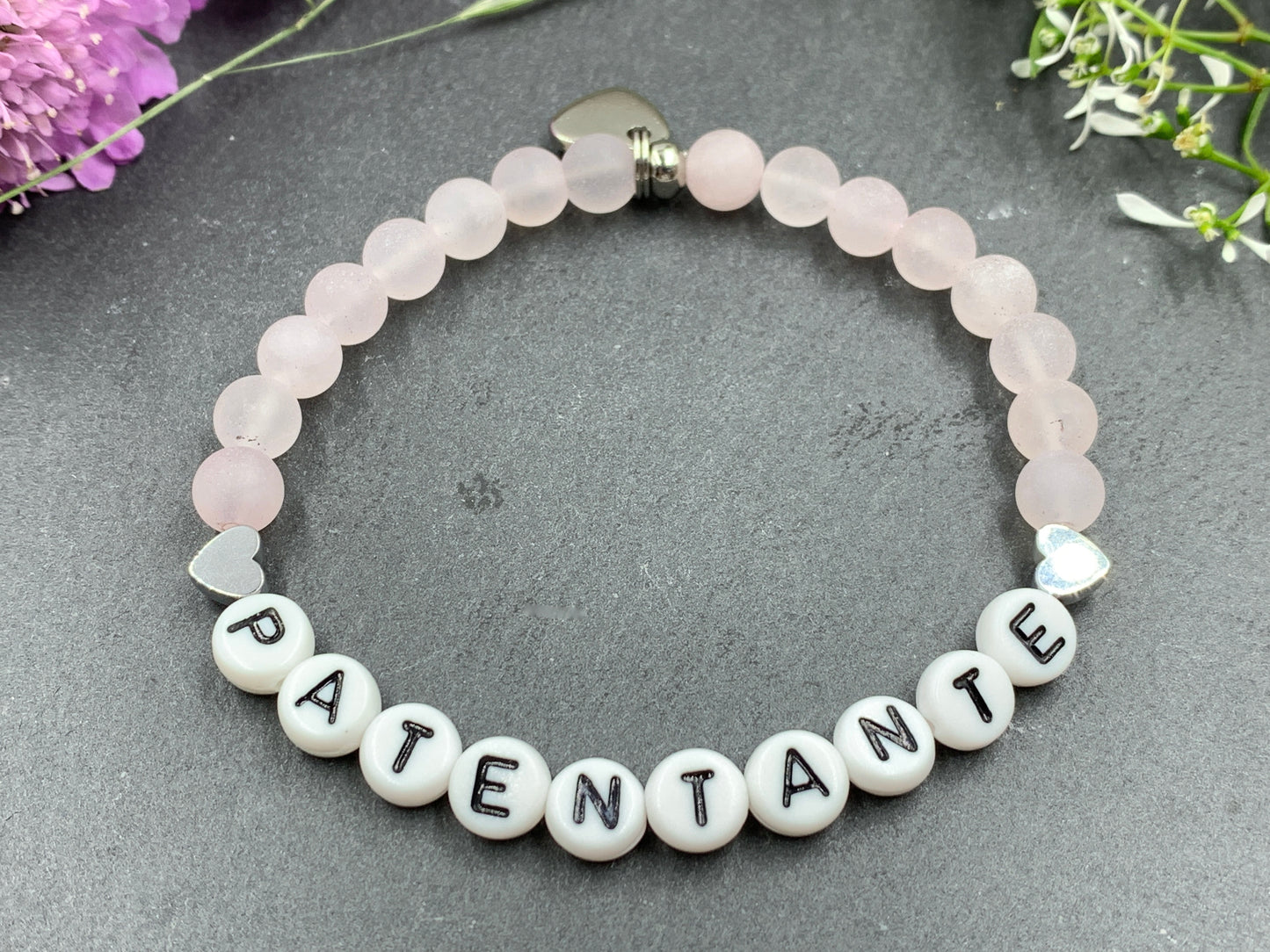 Armband Patentante Rosenquarz mit Herz - Geschenk Patin Taufe Andenken Taufe Taufgeschenk Perlenarmband Patenschaft - personalisierbar