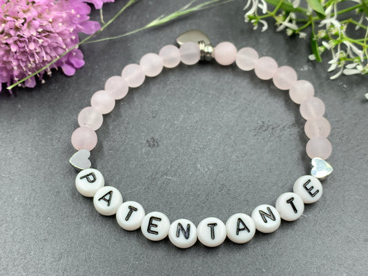 Armband Patentante Rosenquarz mit Herz - Geschenk Patin Taufe Andenken Taufe Taufgeschenk Perlenarmband Patenschaft - personalisierbar