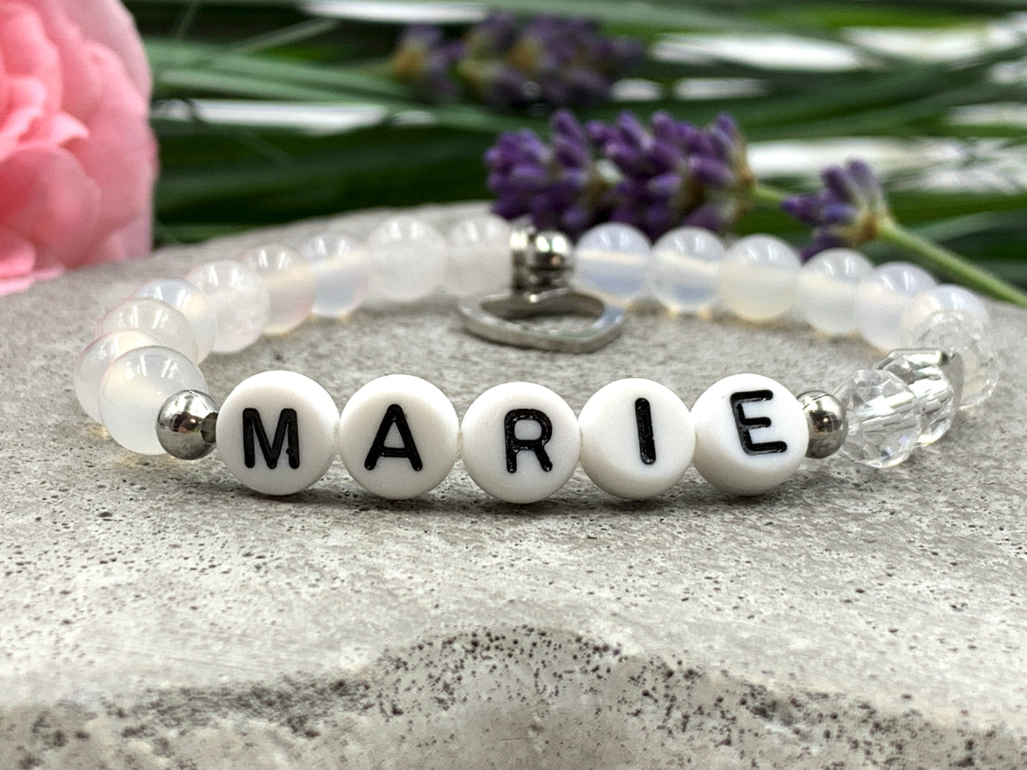 Armband Jade Marie, Herz 18k Weißgold plated, Namens Armband mit Herz, 925 Silber Perlen