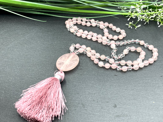 Malakette Rosenquarz und Facettenperlen handgeknotet - Meditationskette 108 Perlen Halskette - Gebetskette Yoga - Handmade personalisierbar