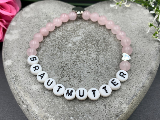 Armband Brautmutter Rosenquarz Herz echt platiniert - Geschenk für Mutter der Braut Brautmama - Andenken Hochzeit - Erinnerungsschmuck - Handmade personalisierbar