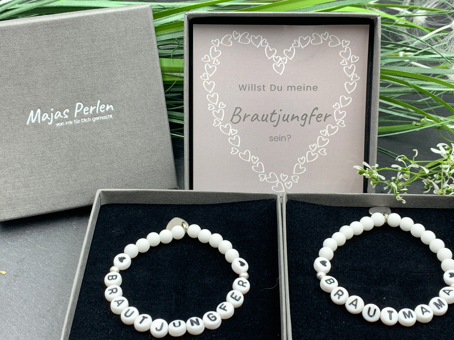 Armband Brautjungfer weiß Acryl - Geschenk JGA - Frage Willst Du meine Trauzeugin sein - Erinnerungsschmuck Hochzeit - Handmade personalisierbar