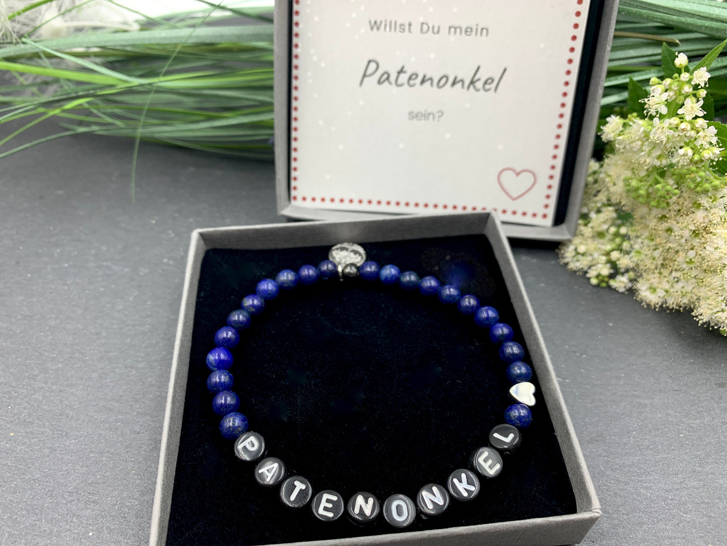 Armband Lapislazuli Patenonkel Herz echt platiniert - Geschenk für Paten Patenschaft Taufe - Willst Du mein Patenonkel sein? - Handmade personalisierbar