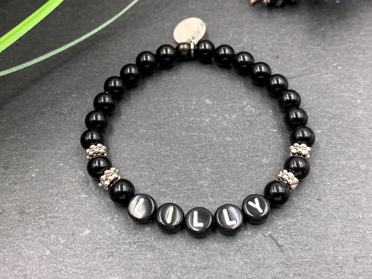 Armband schwarzer Achat Lilly mit echt platinierten Perlen - Namensarmband Freundschaftsarmband - Geschenk Mädcehn Mama Kinderarmband - Handmade personalisierbar