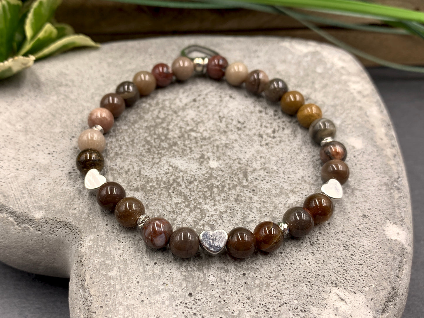 Armband Versteinertes Holz, Facettenperlen echt platiniert, Mix and Match, Wunschedelstein
