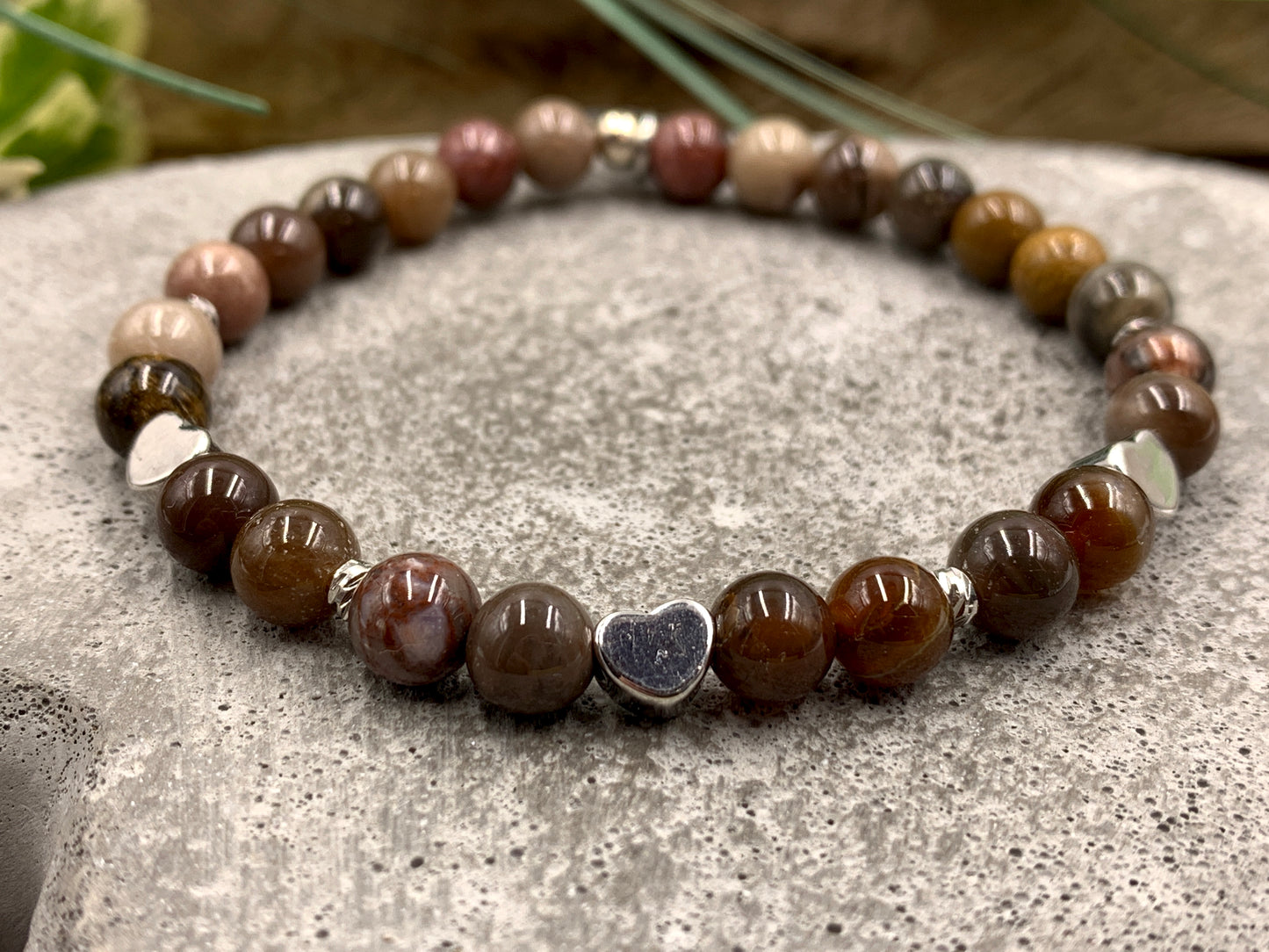 Armband Versteinertes Holz, Facettenperlen echt platiniert, Mix and Match, Wunschedelstein