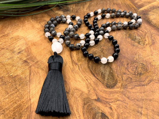 Malakette handgeknotet aus Labradorit Achat und Opal - Meditationskette 108 Perlen Halskette - Gebetskette Yoga - Handmade personalisierbar