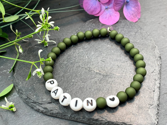 Armband Patin oliv Acryl - Geschenk Taufe Patentante Patenschaft - Frage: Willst Du meine Taufpatin sein - Handmade personalisierbar