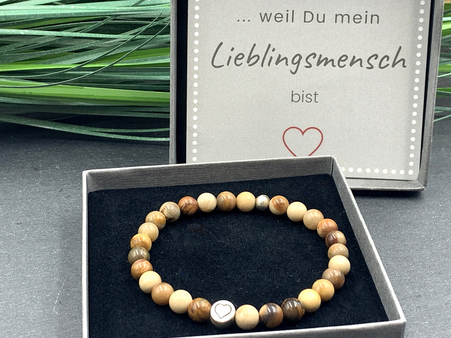 Armband Versteinertes Holz, Armband Herz, Armband Mix and Match, Geschenk Herzensmensch